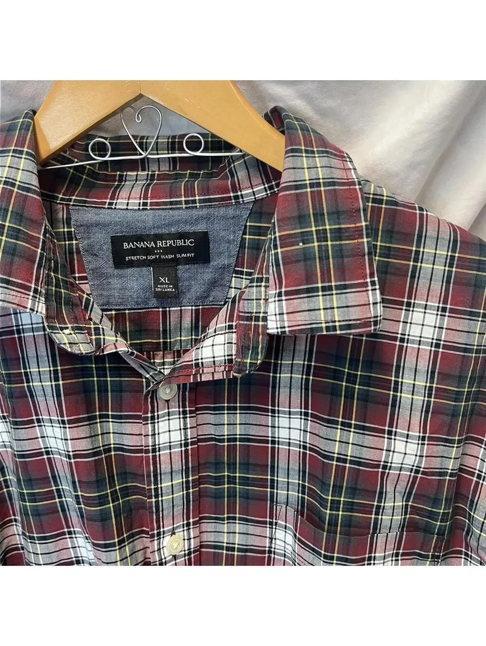 Banana Republic Red Green/Blue Plaid Cotton Button-Down XL Stretch Slim Fit EUC